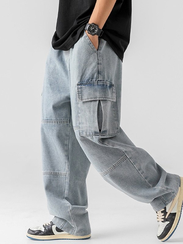 Men's Vintage Wash Denim Loose Cargo Jeans-1