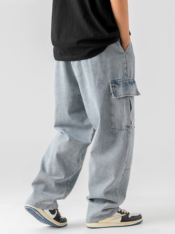 Men's Vintage Wash Denim Loose Cargo Jeans-2