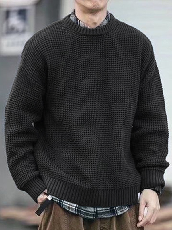 Men's Solid Color Waffle Loose Sweater-1