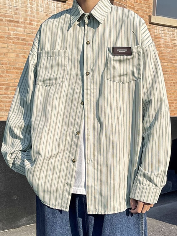 Men's Stripe Label Embellished Long Sleeve Blouse-1