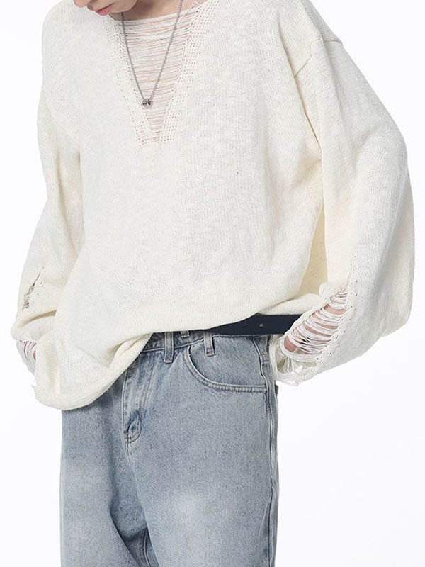 Men's Solid Color Ripped Design Sweater-2