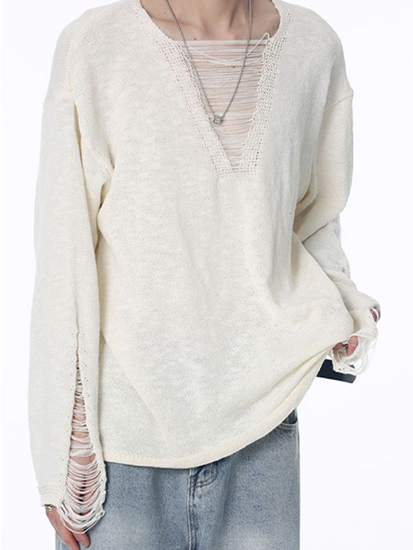 Men's Solid Color Ripped Design Sweater-1