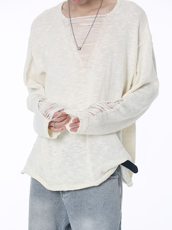 Men's Solid Color Ripped Design Sweater-3