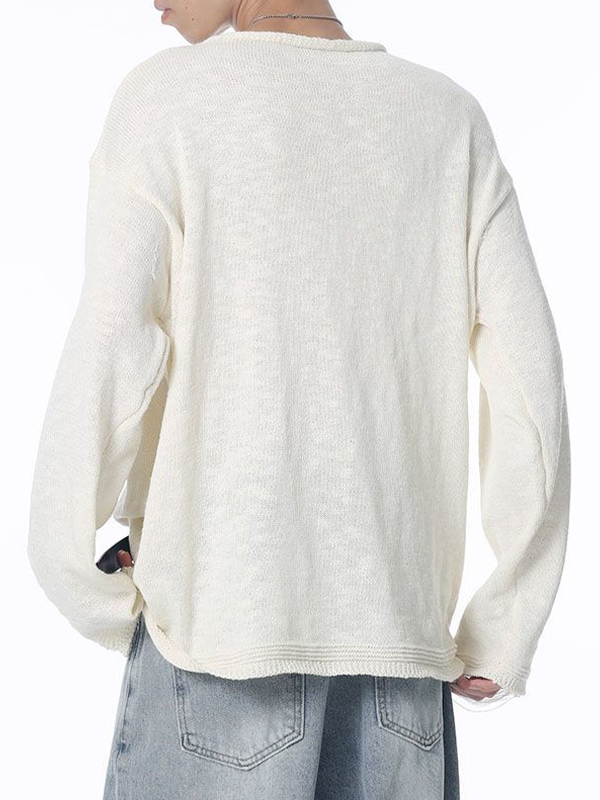 Men's Solid Color Ripped Design Sweater-4
