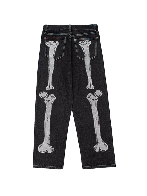 Men's Skeleton Print Stitch Detail Loose Jeans-2