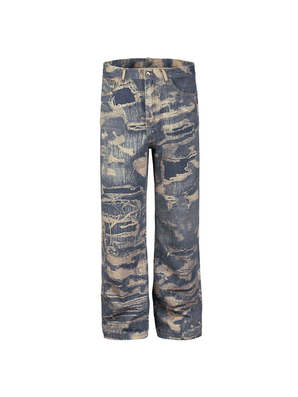 Men's Distressed Ripped Pattern Print Loose Jeans-2