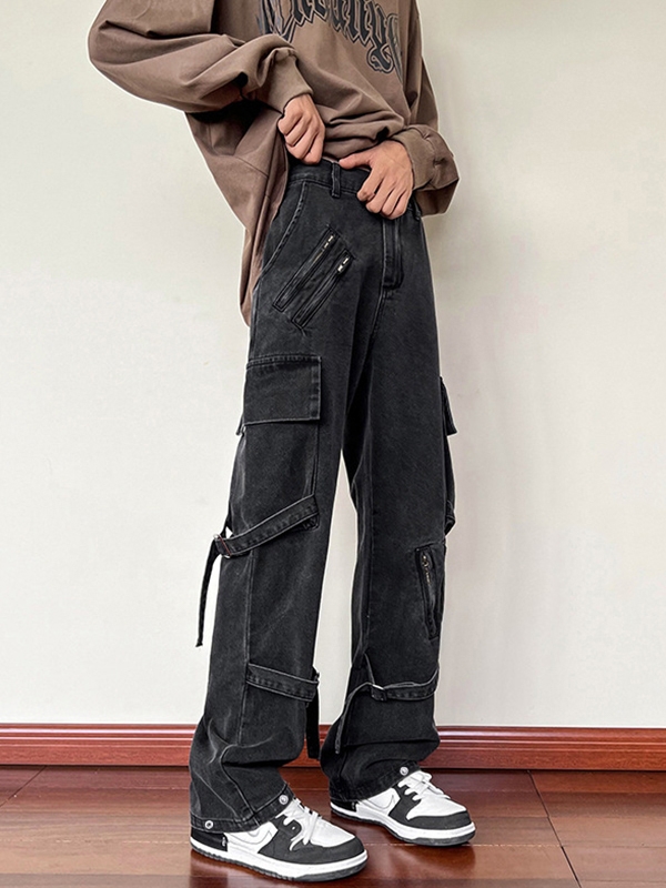 Men's Zipper Lace Up Decor Cargo Jeans-2