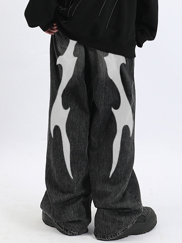 Men's Washed Cool Print Loose Jeans-1