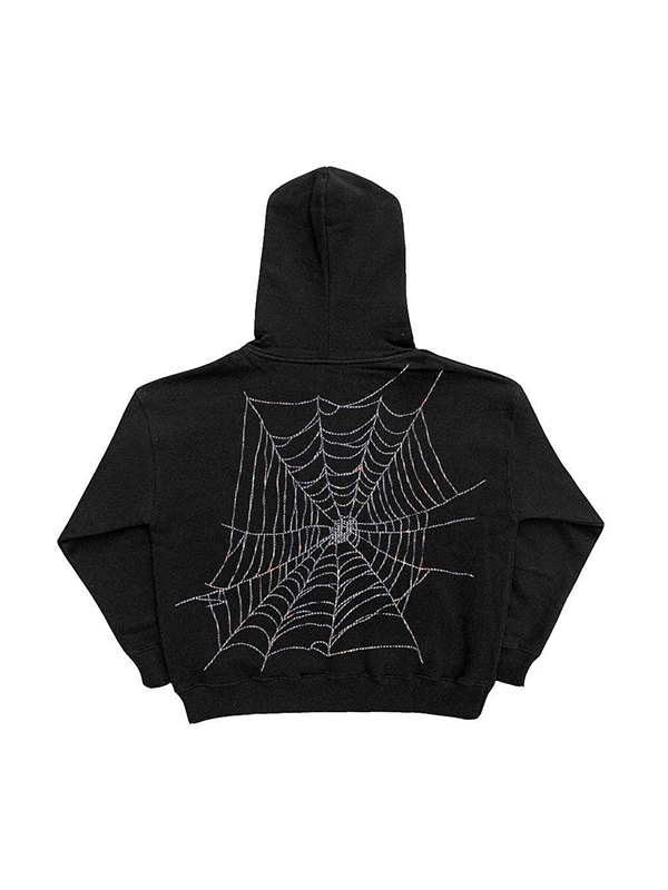 Men's Spider Rhinestone Print Full Zip Oversized Hoodie-1