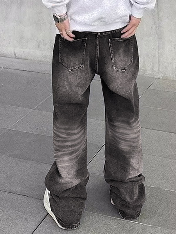 Men's Street Water Ripple Print Loose Jeans-1