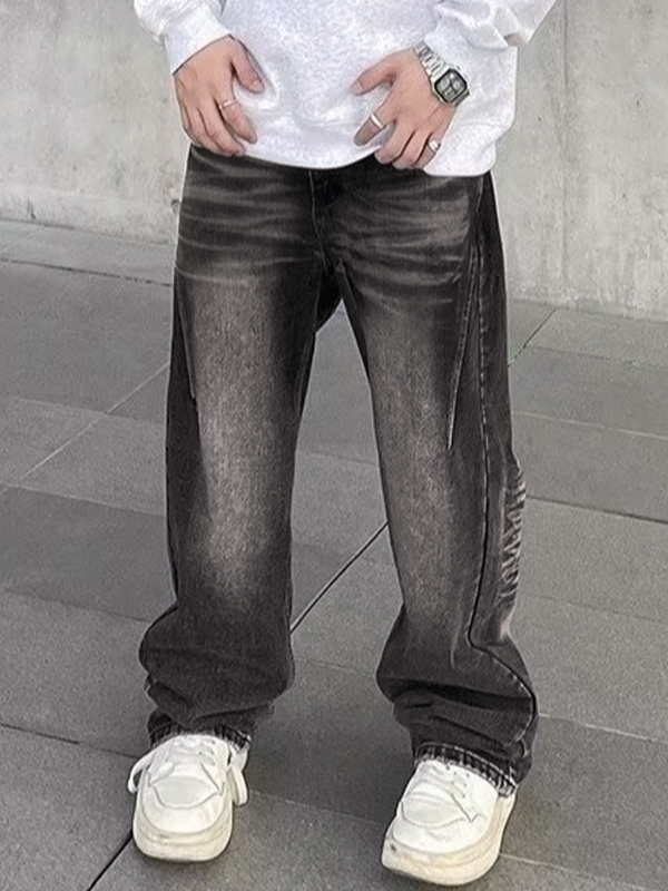 Men's Street Water Ripple Print Loose Jeans-3