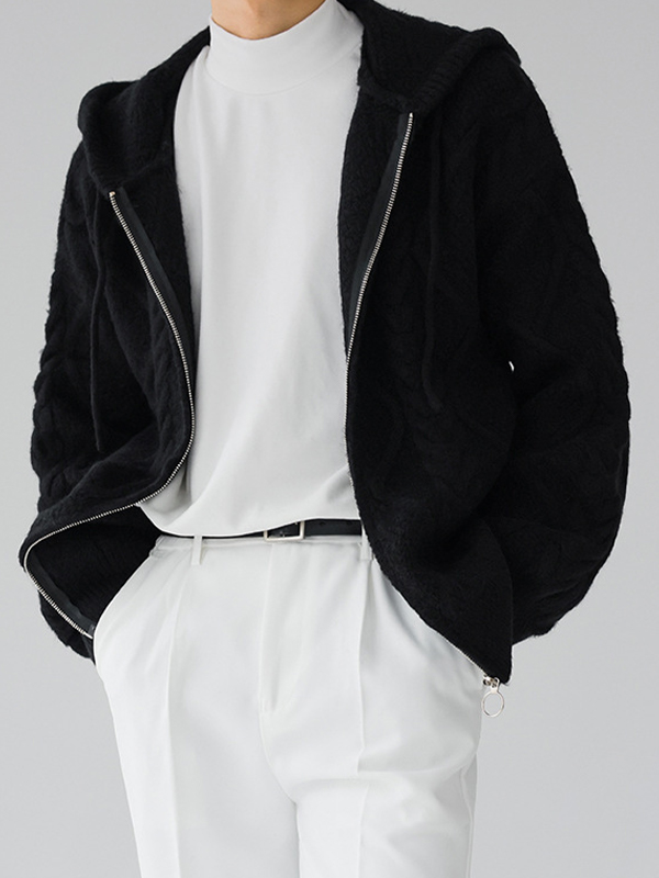 Men's Solid Cable Knit Zip Up Oversized Hoodie-2