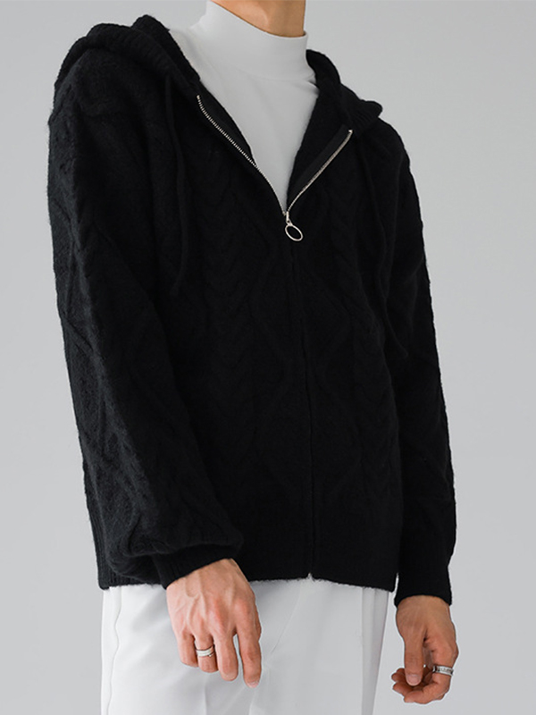 Men's Solid Cable Knit Zip Up Oversized Hoodie-1