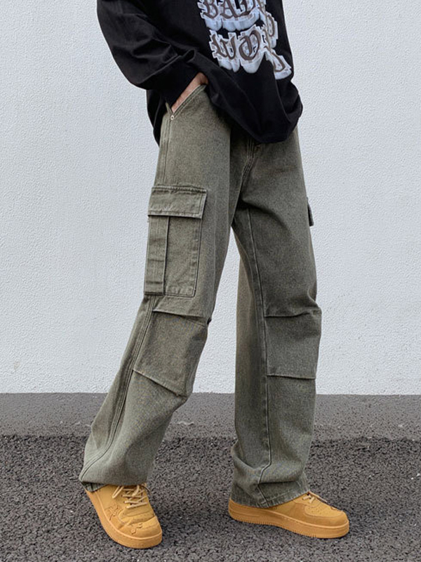 Men's Green Wash Multi Pocket Ruched Cargo Jeans-3