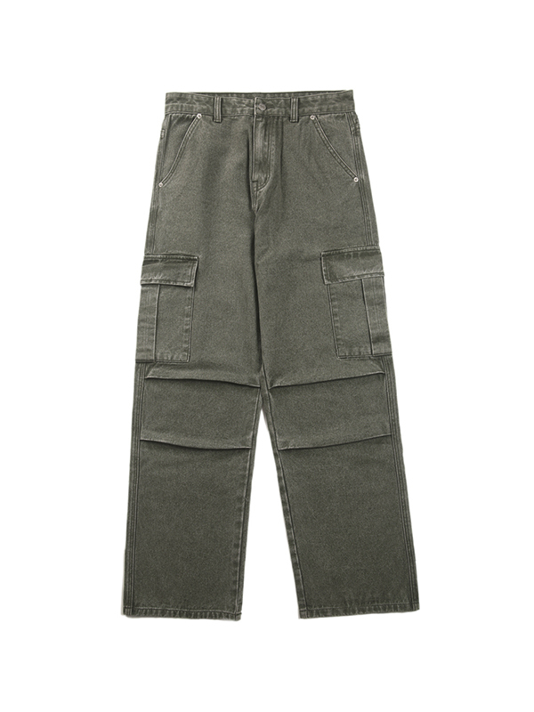 Men's Green Wash Multi Pocket Ruched Cargo Jeans-1