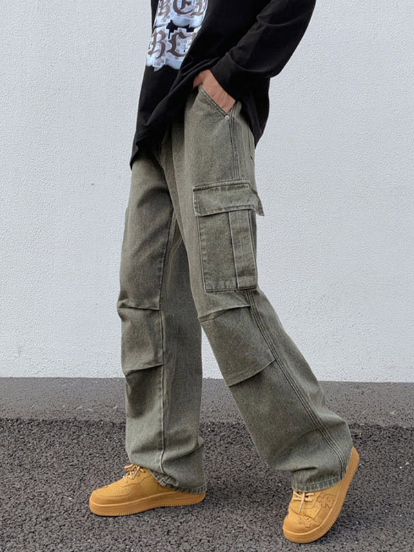 Men's Green Wash Multi Pocket Ruched Cargo Jeans-6