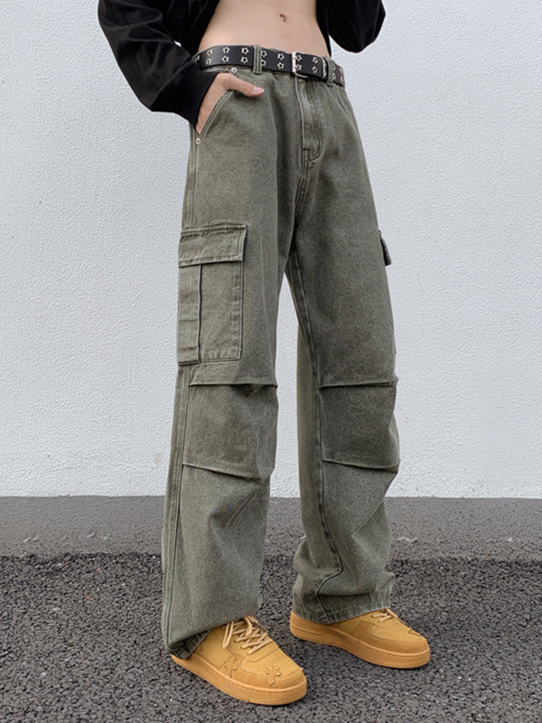 Men's Green Wash Multi Pocket Ruched Cargo Jeans-5