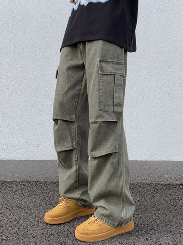 Men's Green Wash Multi Pocket Ruched Cargo Jeans-2