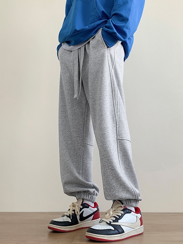 Men's Solid Bound Feet Drawstring Sweatpants-2