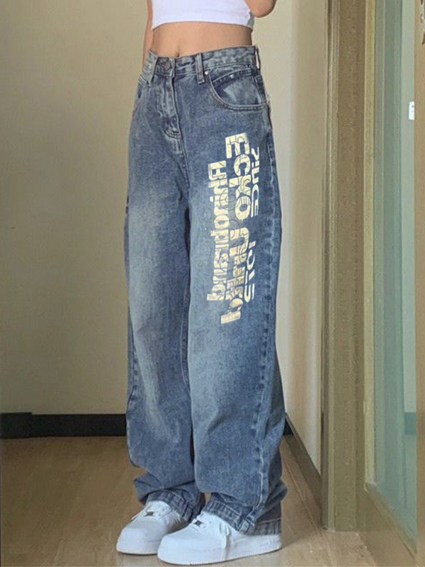 Washed Letter Print High Waist Boyfriend Jeans-1