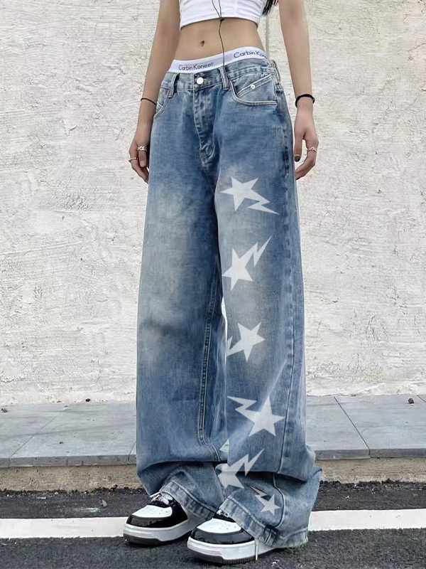 Washed Star Print Boyfriend Jeans-1