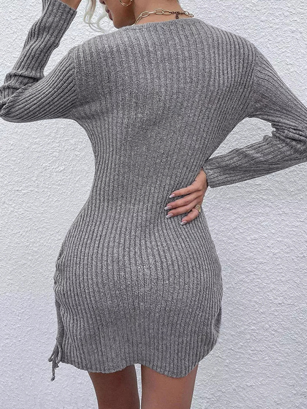 Solid U Neck Lace Up Mini Dress-2