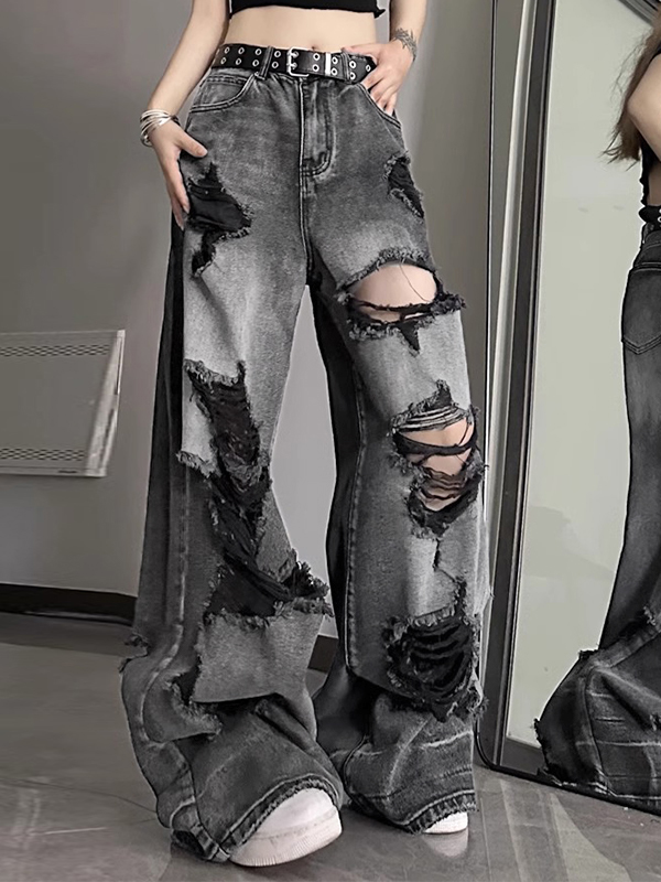 Washed Black Ripped Boyfriend Jeans-4