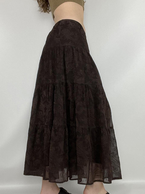Vintage Brown Mesh Low Rise A Line Midi Skirt-2