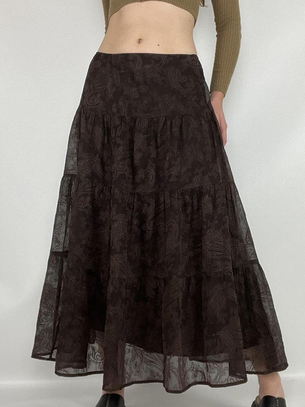 Vintage Brown Mesh Low Rise A Line Midi Skirt-1