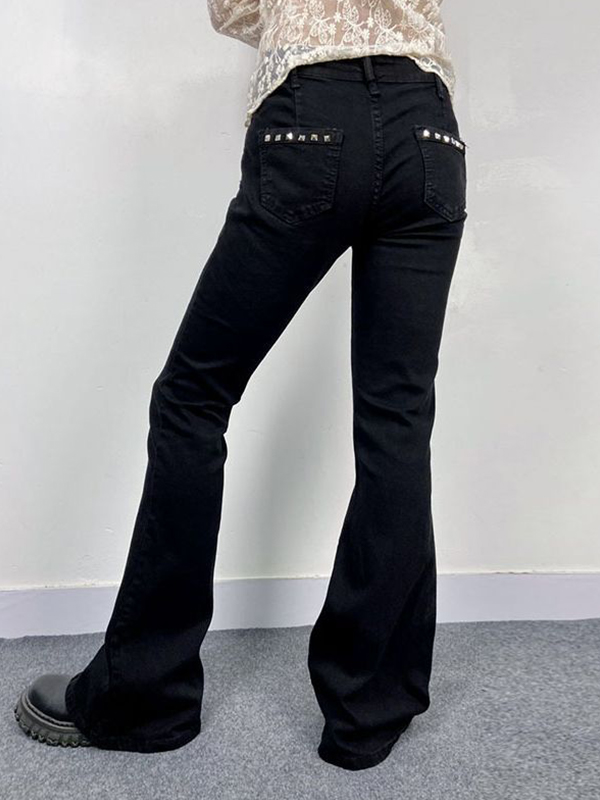 Low Rise Studded Elastic Flare Jeans-3