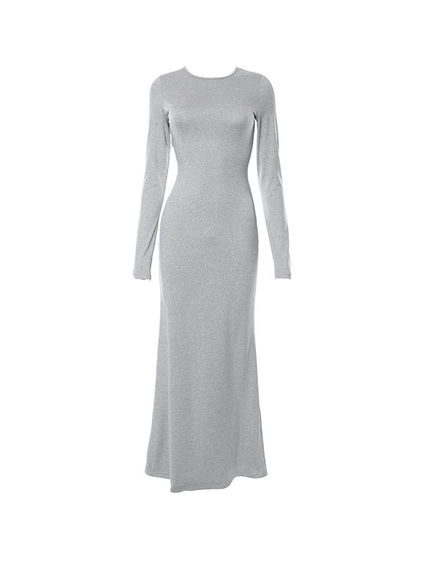 Solid Crew Neck Long Sleeve Mermaid Maxi Dress-5