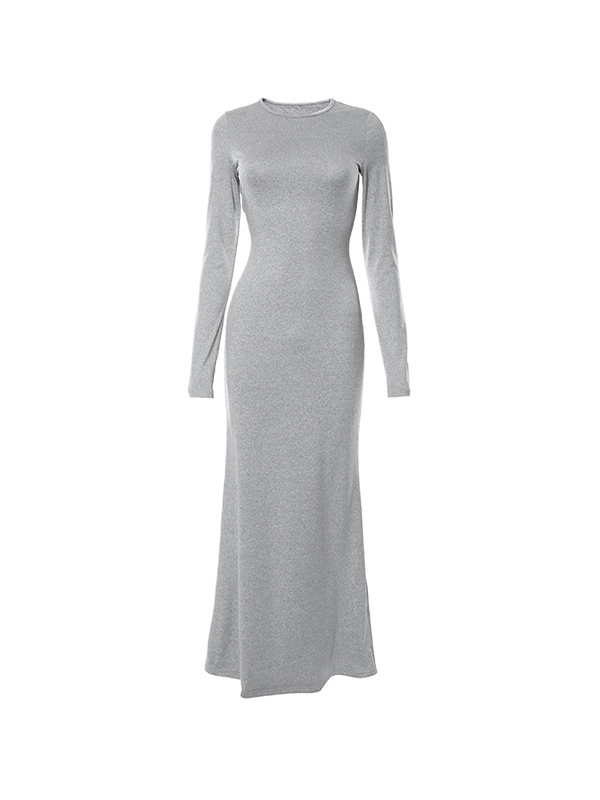 Solid Crew Neck Long Sleeve Mermaid Maxi Dress-4
