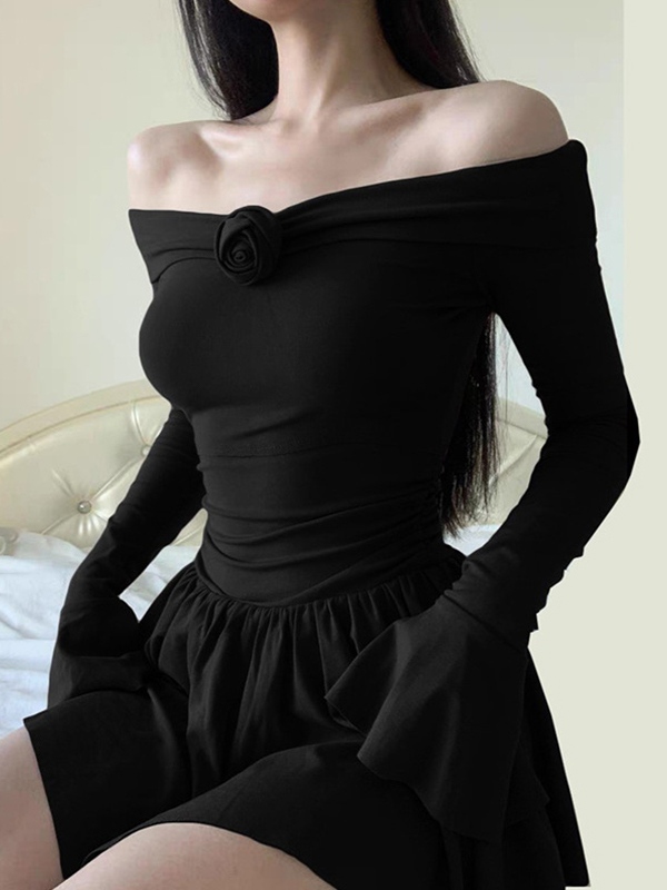 Solid Three-dimensional Flower Off Shoulder Mini Dress-4
