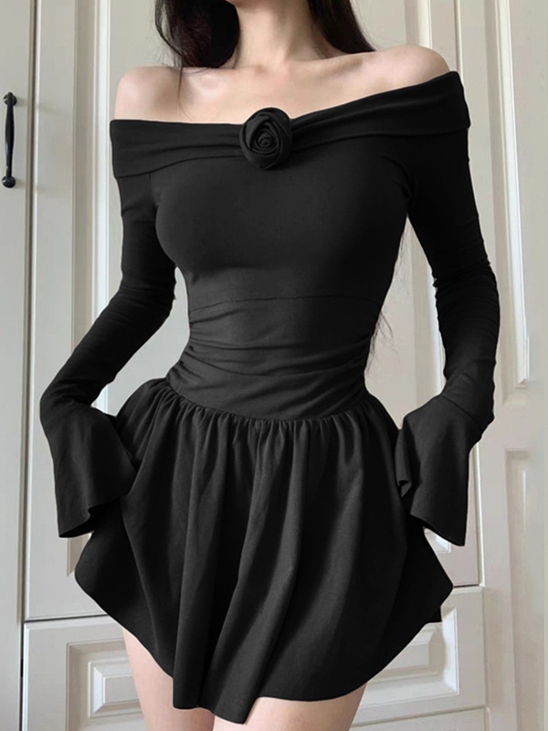 Solid Three-dimensional Flower Off Shoulder Mini Dress-1