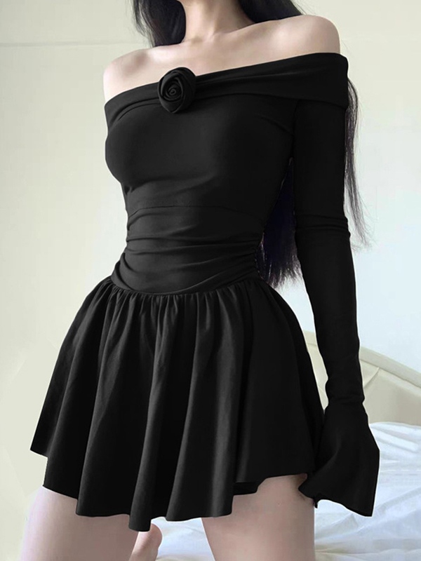 Solid Three-dimensional Flower Off Shoulder Mini Dress-2