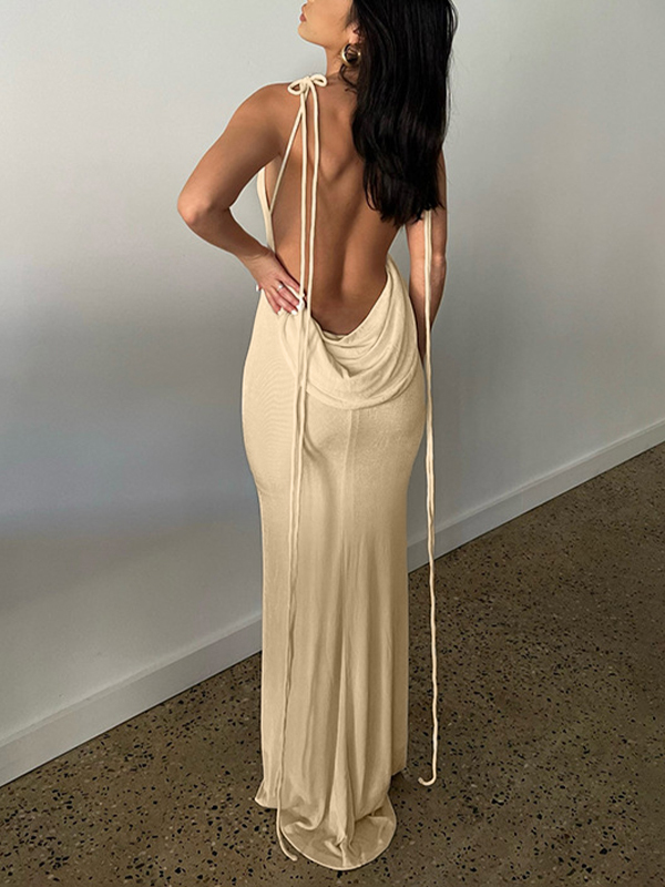 Solid Backless Tie Up Cami Maxi Dress-4