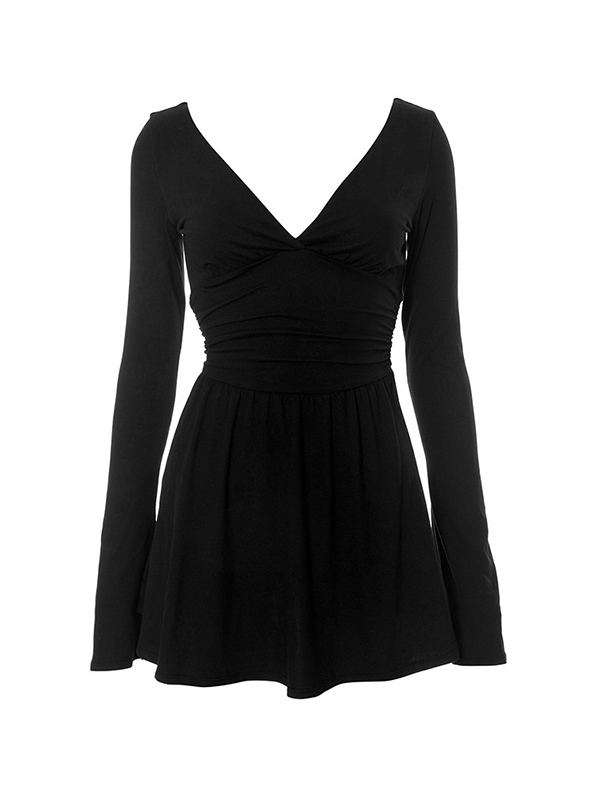 Solid V Neck Mini Dress-3