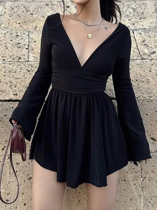Solid V Neck Mini Dress-1