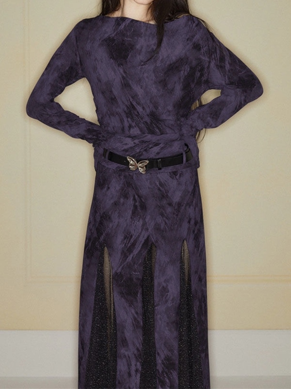 Random Smudged Print One Shoulder Mesh Splice Maxi Dress-3