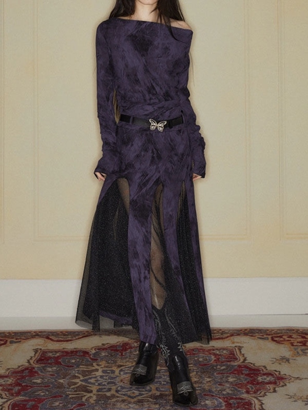 Random Smudged Print One Shoulder Mesh Splice Maxi Dress-2