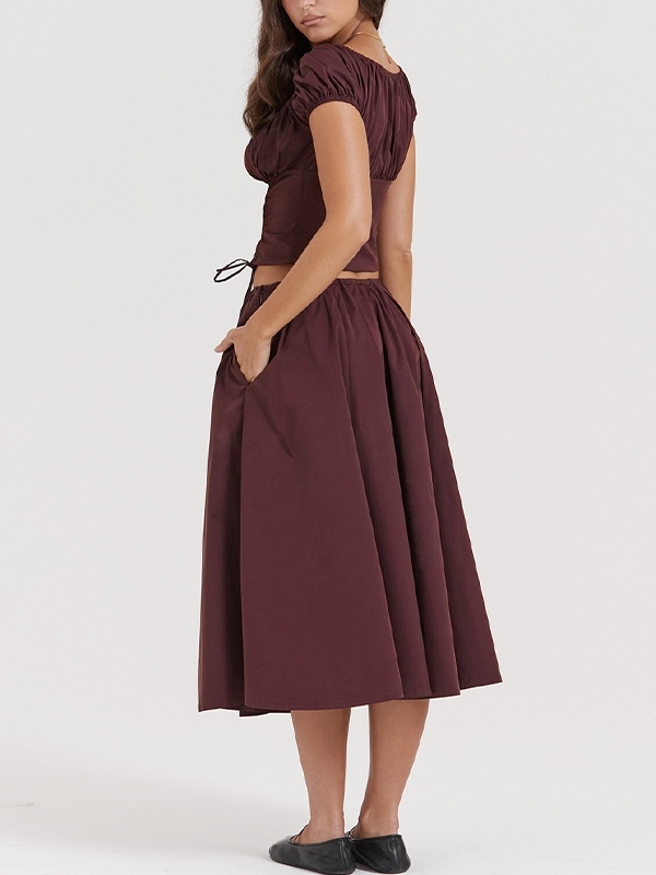 Solid Drawstring Puff Sleeve Cropped Tee&Midi Skirt Set-2