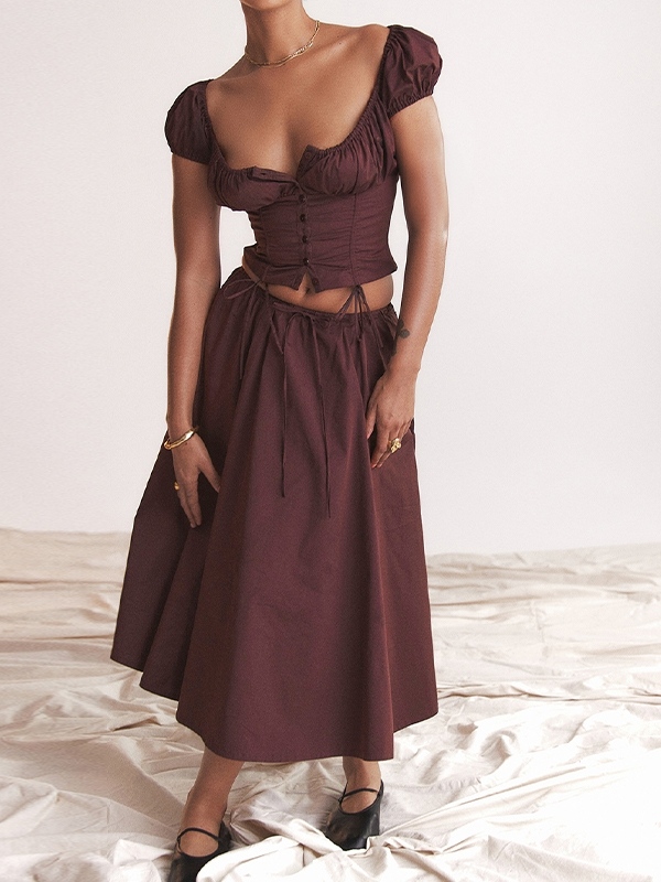 Solid Drawstring Puff Sleeve Cropped Tee&Midi Skirt Set-4