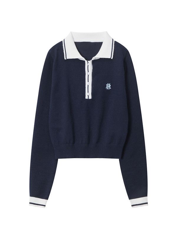 Preppy Letter Embroidery Lapel Neck Long Sleeve Knit-2