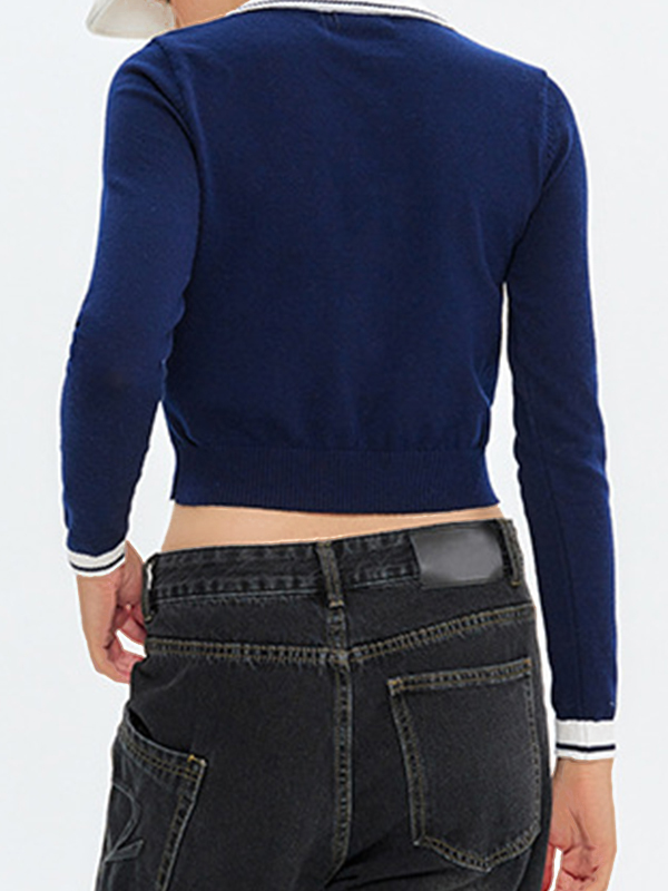 Preppy Letter Embroidery Lapel Neck Long Sleeve Knit-1