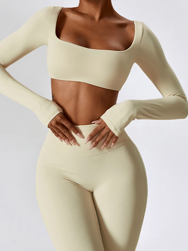 Solid Quick Dry Square Neck Cropped Active Top&Pants Set-3