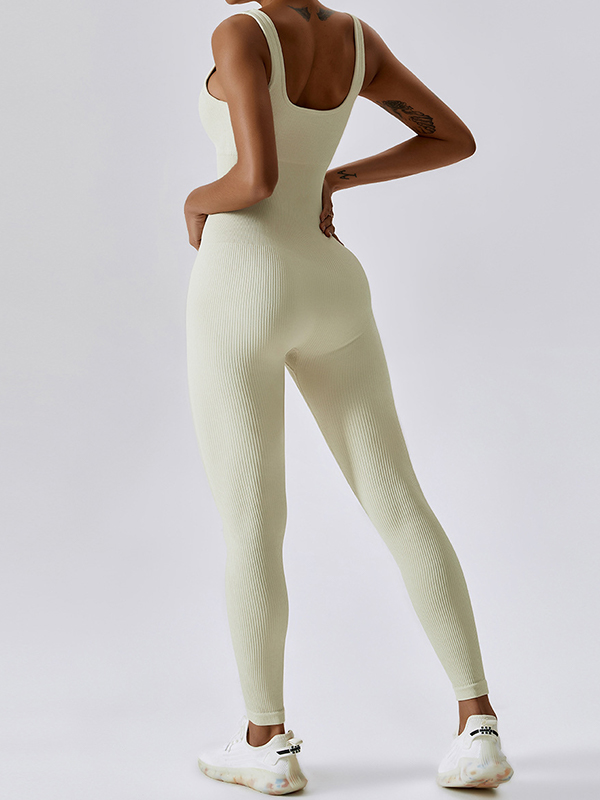 Solid Elastic U Neck Jumpsuit-2