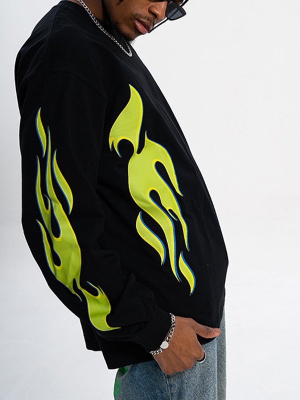 Men's Luminous Green Flame Print Long Sleeve Tee-1