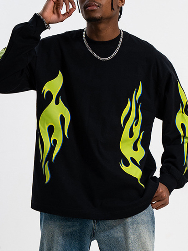 Men's Luminous Green Flame Print Long Sleeve Tee-2