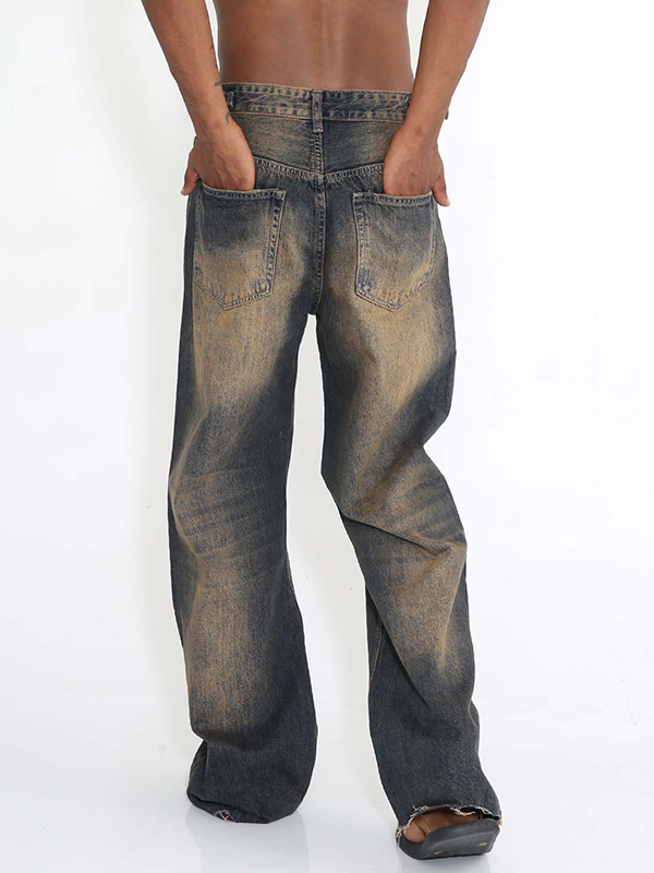 Men's Vintage Distressed Raw Trim Straight Leg Jeans-3