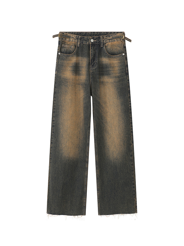 Men's Vintage Distressed Raw Trim Straight Leg Jeans-4